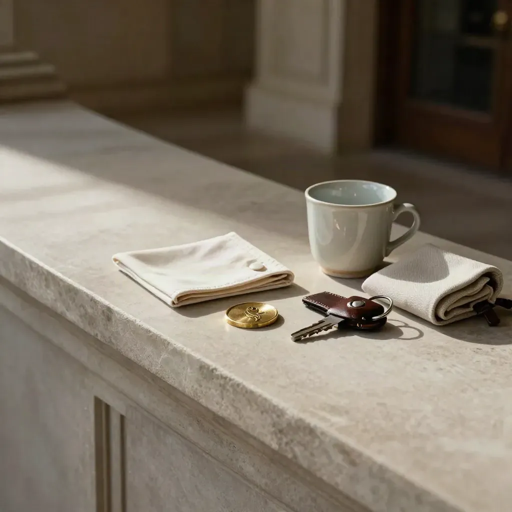 Kit de bienvenida con ficha de latón, funda plegada, llavero y taza de cerámica sobre repisa de piedra.
