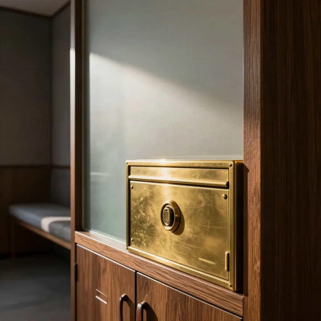 Sala privada para socios con taquilla de madera, caja de latón y cristal esmerilado.