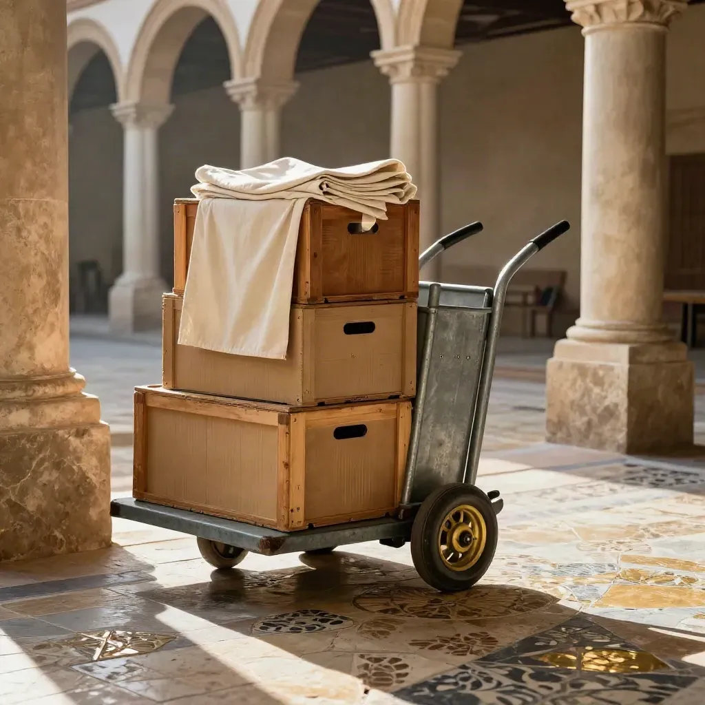 Carro de voluntariado con cajas y delantales en un claustro sevillano iluminado por el sol