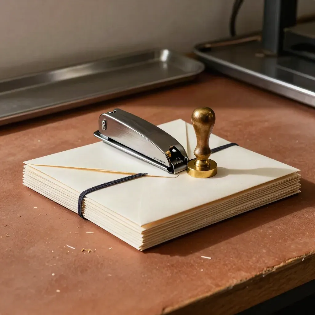 Trimmer de papel, sobres y boletines atados con sello de latón sobre superficie de imprenta.